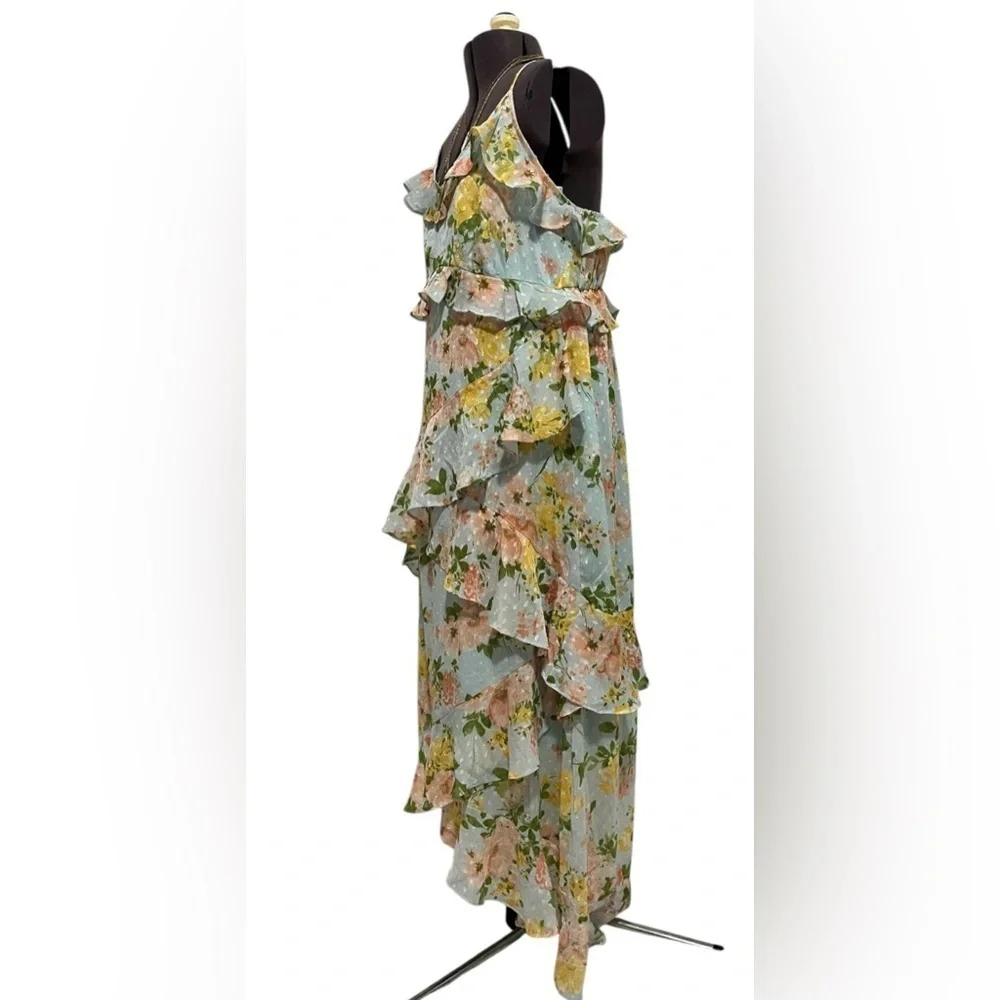By The River Blossom In Time Blue Multi Floral Ruffle Tiered Midi Dress Size L - Picture 10 of 14